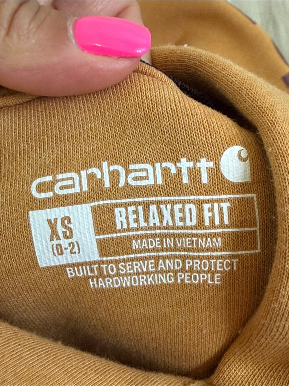 NWOT Women’s Carhartt Brown Hooded Sweatshirt with Script Sleeve Logo Sz Xs - Picture 10 of 11